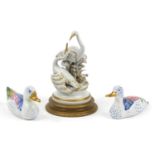 Pair of Vista Alegre ducks and a Naples group of two herons, the largest 22cm high :For Further