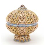 Zsolnay Pecs pierced Hungarian pottery potpourri bowl and cover, 19cm high :For Further Condition