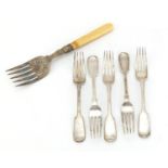 Five Victorian silver forks and silver plated fish server with ivory handle, various hallmarks,