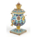 Miniature Russian silver gilt and enamel samovar, impressed 84 mark to the base, 10.2cm high, 151.8g