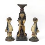 Hand painted pottery lion dumb waiter and pair of wall sconces, incised NICK, the largest 98cm