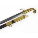 19th century Russian military sword with steel blade, brass handle and brass mounted leather