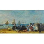 Manner of E. Boudin - Busy beach scene, French Impressionist oil onto board, framed, 56.5cm x 30.5cm