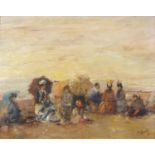 Manner of Boudin - Figures on a beach, French Impressionist oil on board, framed, 48.5cm x 38.5cm :