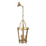 French style brass and glass hanging lantern with acorn finials, 55cm high excluding the chain :