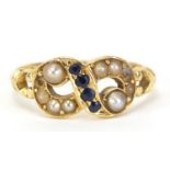 18ct gold seed pearl and sapphire ring, size M, London 1978, 3.1g :For Further Condition Reports