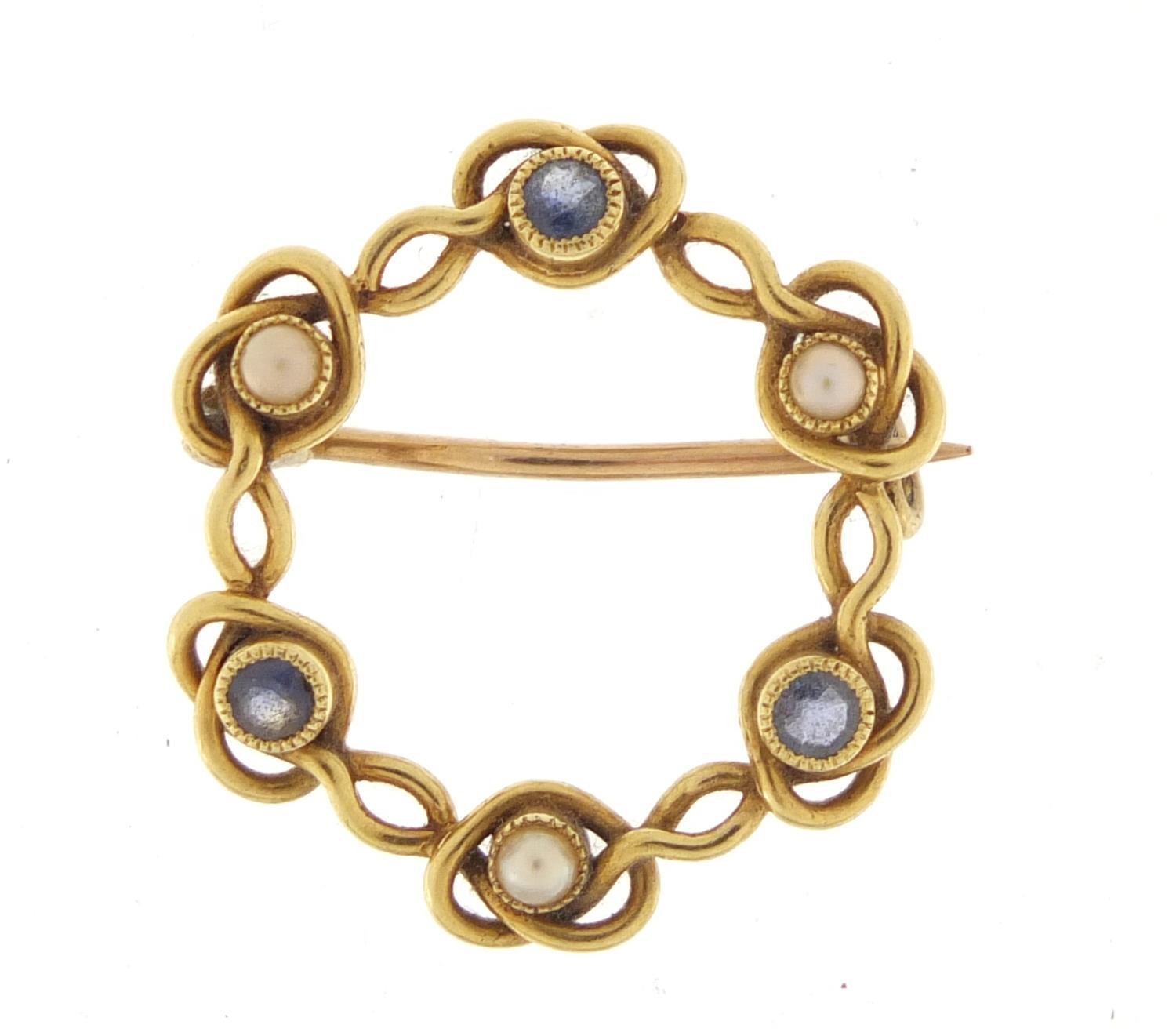 15ct gold seed pearl and sapphire brooch, 2.5cm in diameter, 3.3g :For Further Condition Reports