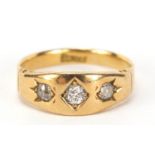 18ct gold diamond three stone Gypsy ring, size M, 3.4g :For Further Condition Reports Please Visit