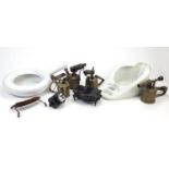 Metalwares including vintage paraffin lamps, Boots Ideal chamber pot and an enamelled bedpan :For
