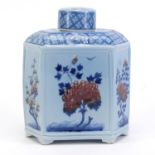 Chinese hexagonal porcelain tea caddy, hand painted with chrysanthemums, bamboo grove and prunus