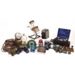 Miscellaneous items including vintage cameras, vintage lanterns, mythical pewter figures and a