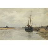 Moored fishing boats, early 20th century watercolour, inscribed verso, mounted and framed, 23cm x