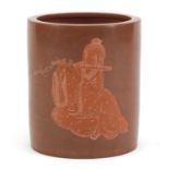 Chinese Yixing terracotta brush pot, incised with a figure playing a flute, impressed character