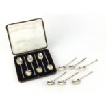 Matched set of six silver coffee bean spoons and a set of six in a fitted case, various Sheffield