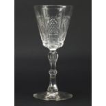 Large Victorian hobnail cut toasting glass with bubbled stem, 27.5cm high :For Further Condition