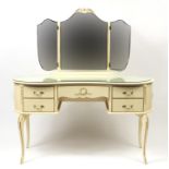 Cream and gilt kidney shaped dressing table with mirrored back and stool, 139cm H x 131cm W x 50cm D