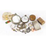 Objects including military pocket watch, Ingersoll pocket watch, Victorian silver aesthetic brooch