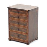 Victorian rosewood five drawer apprentice chest with oak inlay, 37.5cm H x 27.5cm W x 21cm D :For