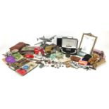 Sundry items including Reeves artist's easel, costume jewellery, vintage fishing flies, Barbola