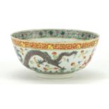 Chinese porcelain bowl, hand painted in the famille vert palette with dragons chasing flaming