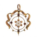 Art Nouveau 9ct gold pearl and garnet pendant, 3cm in length, 1.4g :For Further Condition Reports