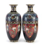 Pair of Japanese cloisonne vases, enamelled with panels of birds of paradise and dragons, each