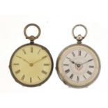 Two ladies silver open face pocket watches with enamelled dials, each 40mm in diameter excluding the