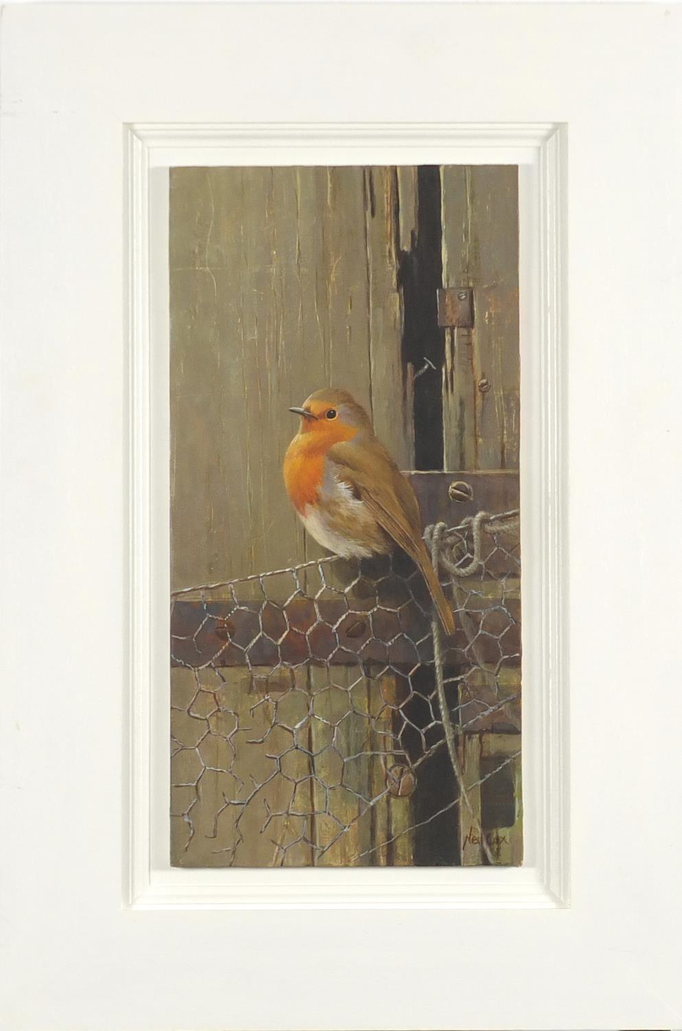 Neil Cox - Robin on Chicken wire, oil on board, Wren Gallery details verso, framed, 35.5cm x 17. - Image 2 of 5