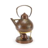 Austrian Arts & Crafts secessionist copper and brass kettle on stand with burner, 32cm high :For