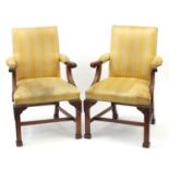 Pair of mahogany framed Gainsborough chairs, with yellow striped upholstery, 102cm high :For Further
