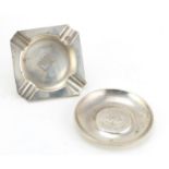 Circular silver pin dish and square silver ashtray, indistinct hallmarks, the dish 10cm in diameter,
