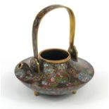 Good Japanese Cloisonne squatted teapot finely enamelled with roundels of flower heads and fish, 6cm