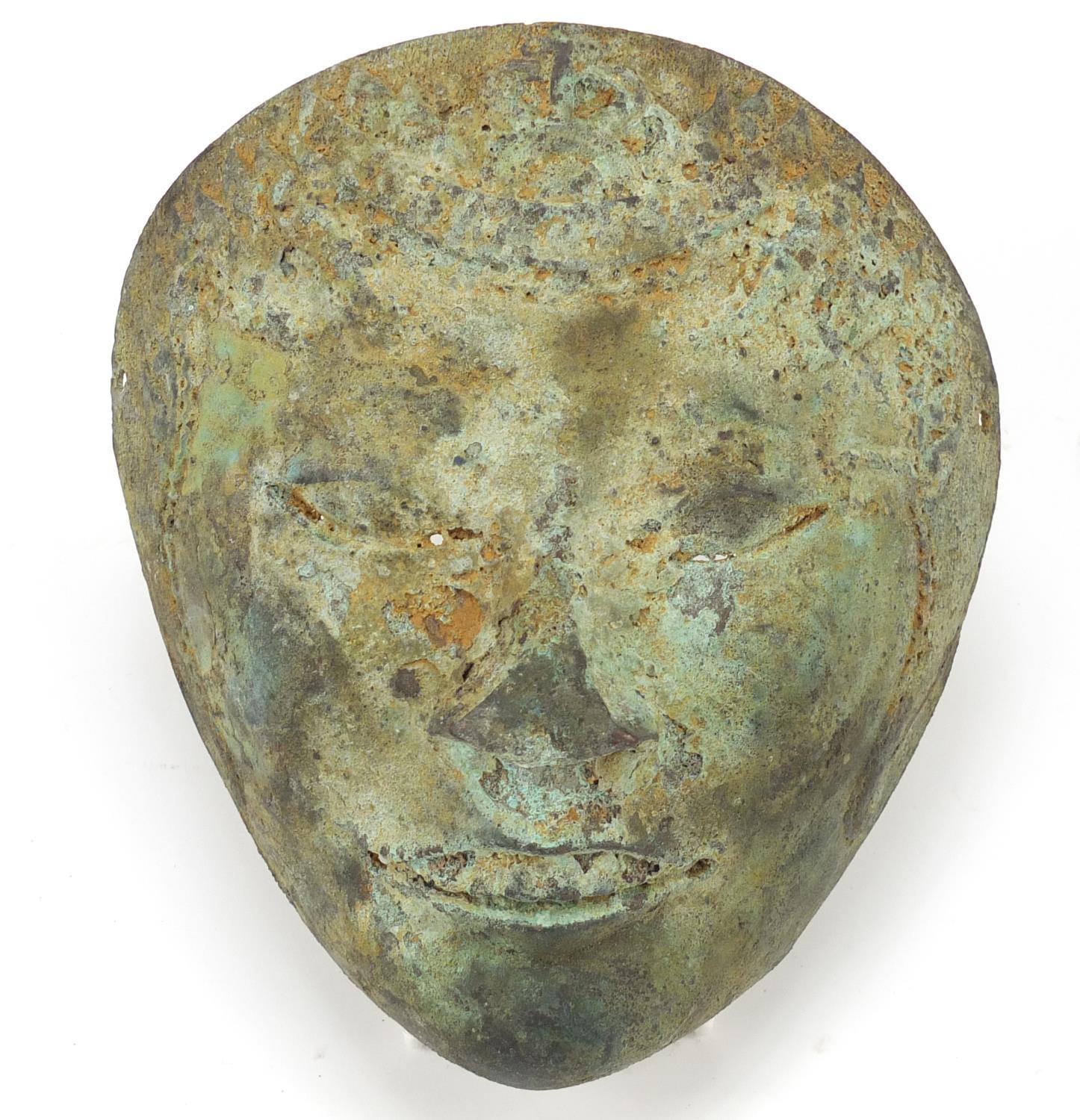 Persian verdigris bronze face mask, 19cm high :For Further Condition Reports Please Visit Our