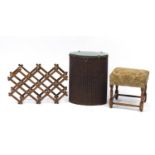 Lloyd loom laundry basket, folding wine rack and a stool :For Further Condition Reports Please Visit