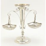 Edwardian silver table epergne with two hanging removable baskets, by James Deakin and Sons