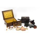 Miscellaneous items including a pair of binoculars, Black Forest carved wood diorama, dolls and a