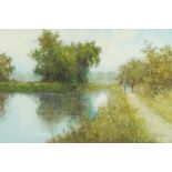 Two figures walking beside water, oil on canvas bearing a signature Beiber, framed 75cm x 50cm :