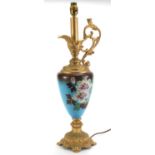 Victorian hand painted glass table lamp with gilt metal mounts in the form of a ewer, 47cm high