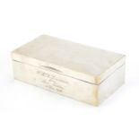 Rectangular silver cigar box with hinged lid, by John Rose Birmingham 1946, retailed by