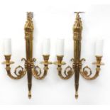 Pair of classical style two branch brass wall sconces, 44cm high :For Further Condition Reports