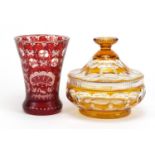 Bohemian amber flashed cut glass pot and cover and red flashed glass vase etched with animals and