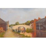 Hugh C Ford - Bridge over water, town scene, oil on board, mounted and framed, 33cm x 20cm :For