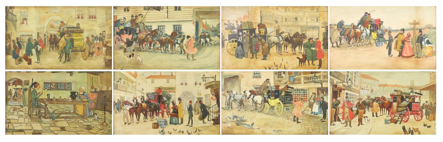 O E Carter - Coaching scenes, set of eight Edwardian watercolours, each framed, each 30cm x 17.