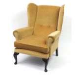 Sherwood mahogany framed wingback armchair with gold upholstery, 101cm high :For Further Condition