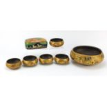Six Persian lacquered bowls hand painted with birds and flowers and a box and cover hand painted