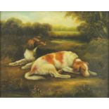 Ornate gilt framed oleograph of two dogs in a landscape, 24cm x 19cm :For Further Condition