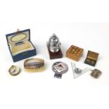 Antique and later miscellaneous objects including a Fireman's helmet car mascot, silver vesta, car