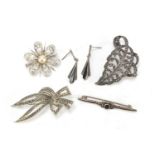 Mostly silver jewellery including marcasite brooches and a pair of Art Deco enamelled earrings :