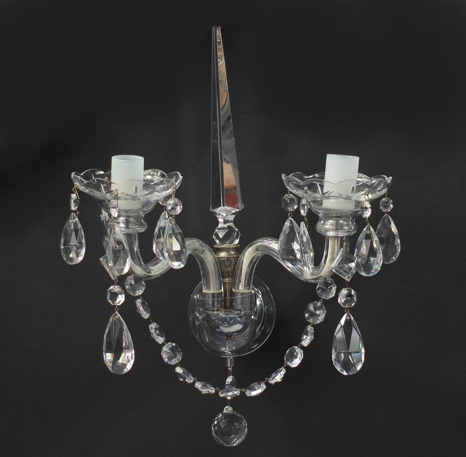 Good pair of crystal two branch wall sconces, possibly Waterford, 40cm high :For Further Condition - Image 2 of 3