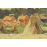 Nerine Desmond - Farm buildings and stook in the foreground, signed watercolour, mounted and framed,